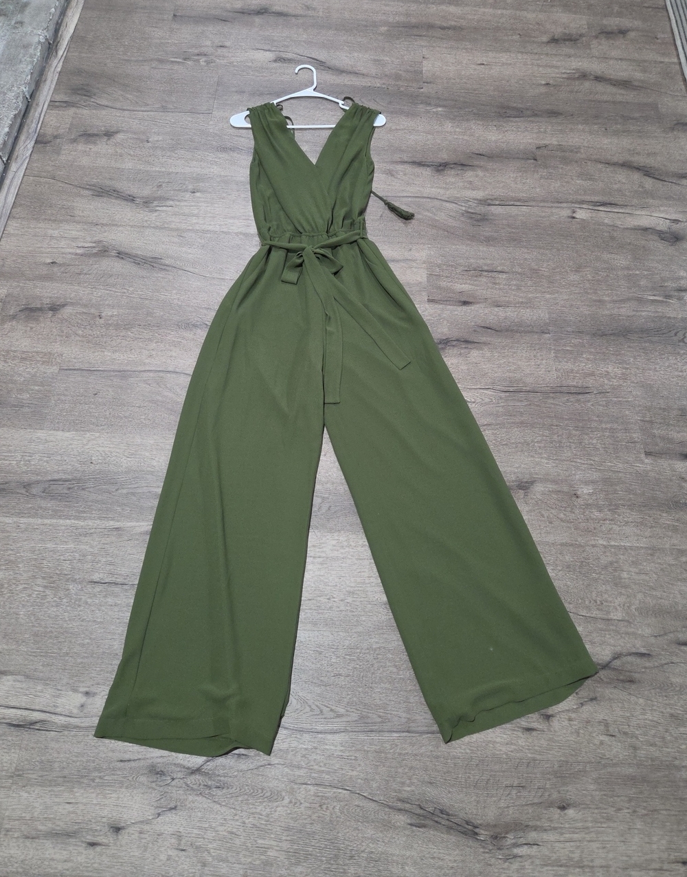 Naked Zebra Olive Green V-Neck Wide Leg Jumpsuit with Tie Waist